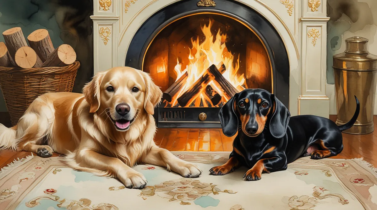 Golden Labrador and Dachshund lying next to each other on the rug next to a roaring fire Golden Labrador and Dachshund lying next to each other on the rug next to a roaring fire