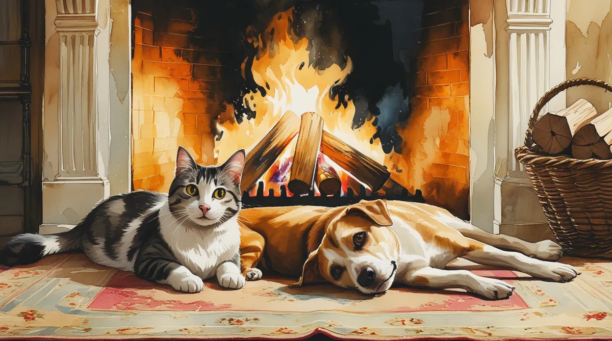 a cat and dog lay next to each other on a lovely rug in front of a roaring fire