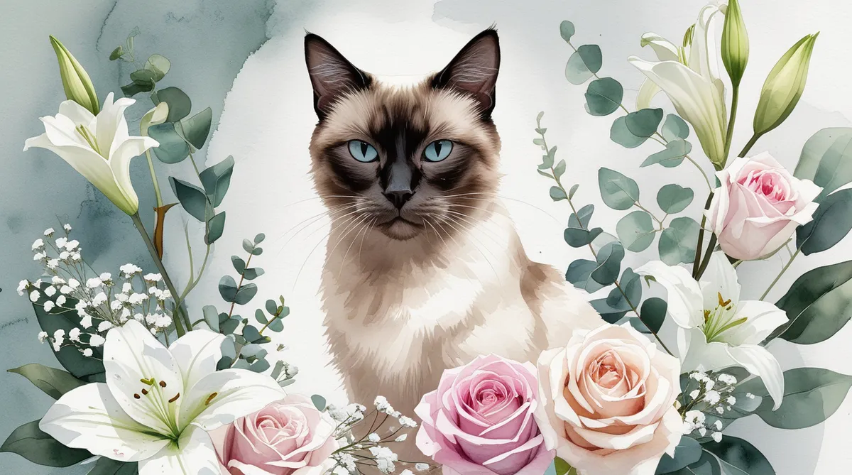 Siamese cat with bouquet